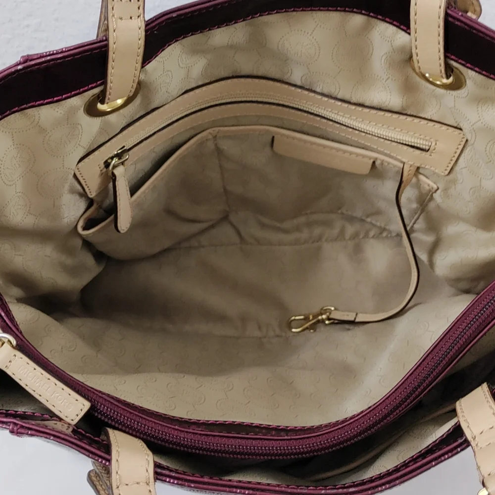 Michael Kors Jet Set East West Signature Bordeaux Patent Leather Metallic Tote